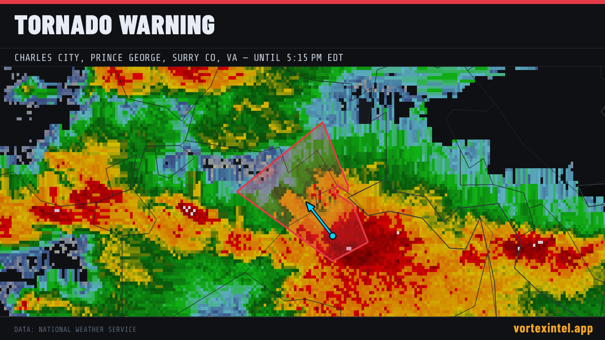 Tornado Warning for Charles City — radar, warned-area polygon and storm motion
