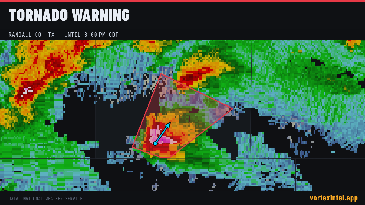 Tornado Warning for Randall — radar, warned-area polygon and storm motion