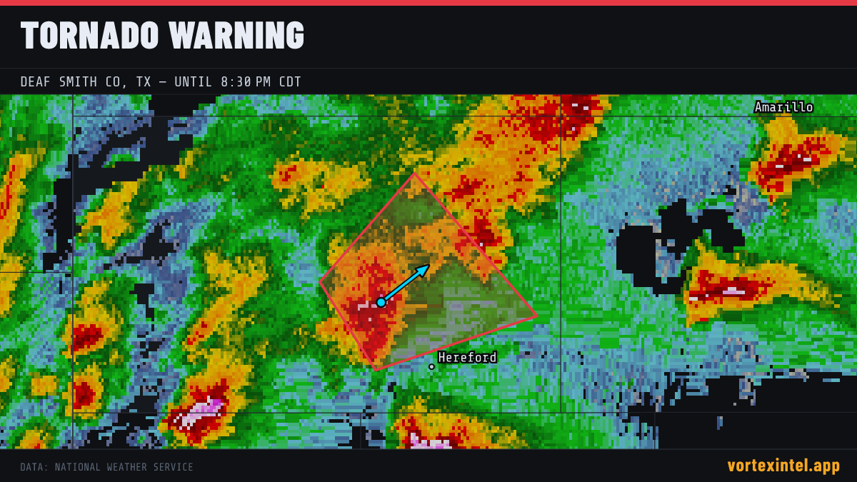 Tornado Warning for Deaf Smith — radar, warned-area polygon and storm motion