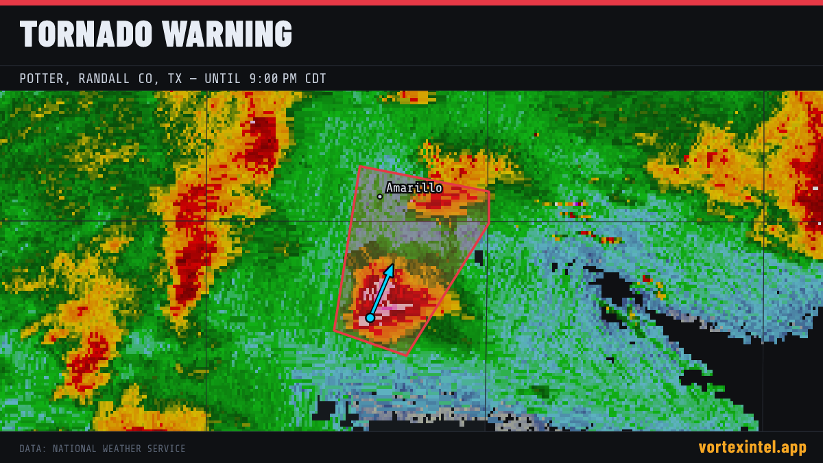 Tornado Warning for Potter — radar, warned-area polygon and storm motion