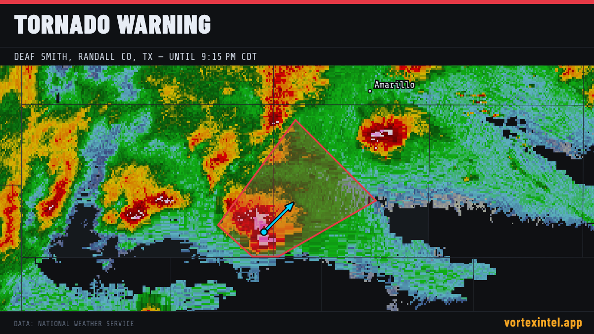 Tornado Warning for Randall — radar, warned-area polygon and storm motion