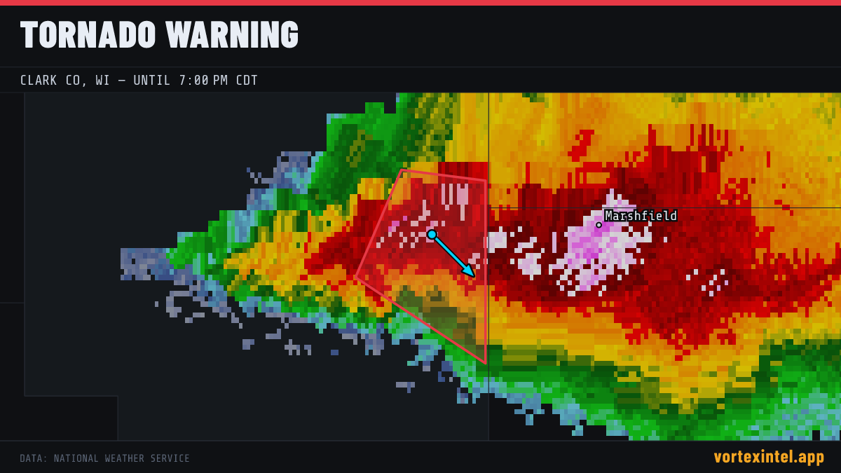 Tornado Warning for Clark — radar, warned-area polygon and storm motion