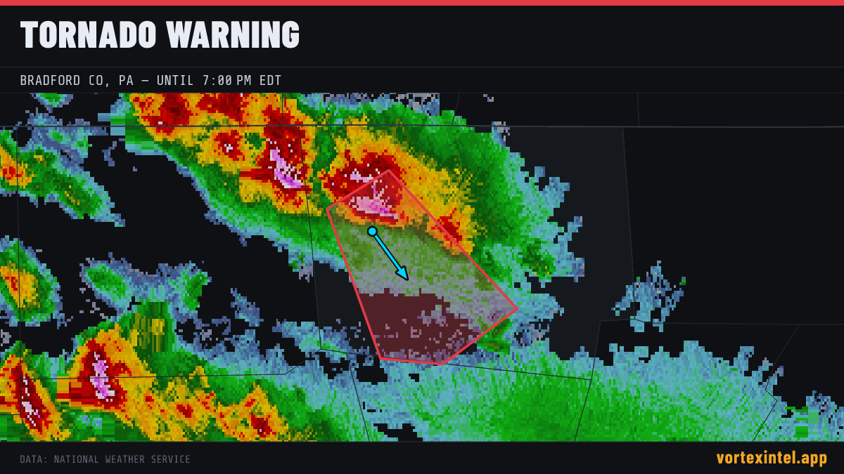 Tornado Warning for Bradford — radar, warned-area polygon and storm motion
