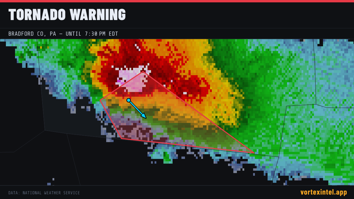 Tornado Warning for Bradford — radar, warned-area polygon and storm motion
