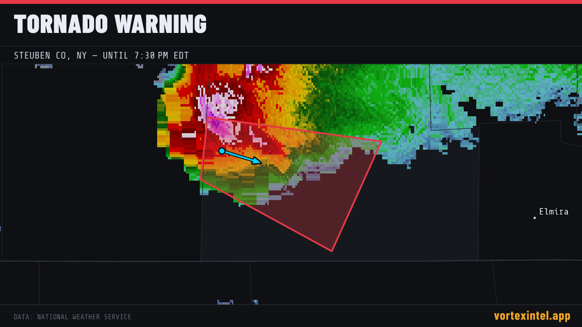 Tornado Warning for Steuben — radar, warned-area polygon and storm motion