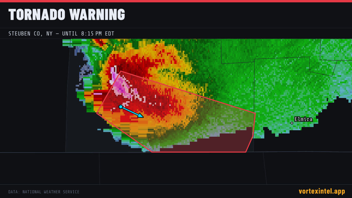 Tornado Warning for Steuben — radar, warned-area polygon and storm motion
