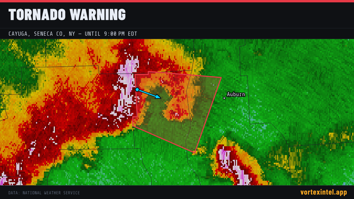 Tornado Warning for Cayuga — radar, warned-area polygon and storm motion