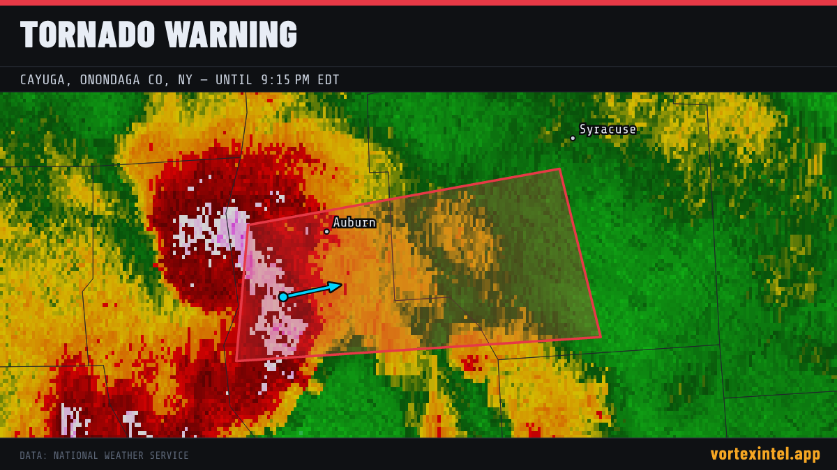 Tornado Warning for Cayuga — radar, warned-area polygon and storm motion