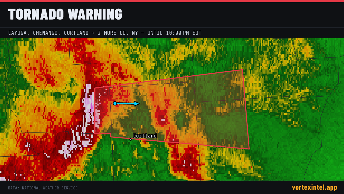 Tornado Warning for Chenango — radar, warned-area polygon and storm motion
