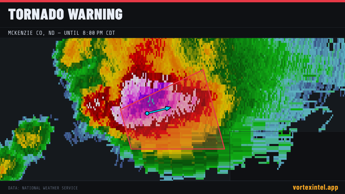 Tornado Warning for McKenzie — radar, warned-area polygon and storm motion