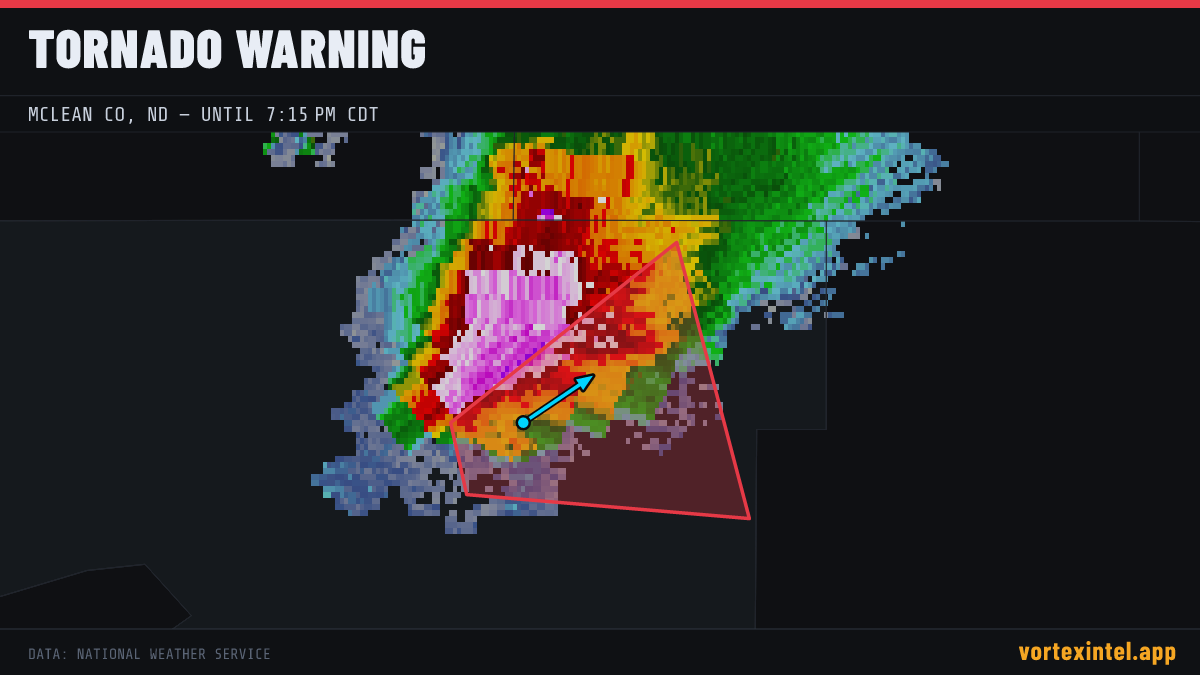Tornado Warning for McLean — radar, warned-area polygon and storm motion