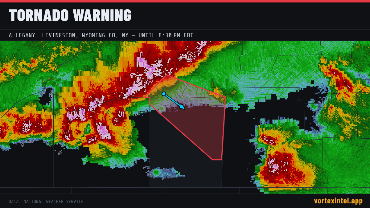 Tornado Warning for Allegany — radar, warned-area polygon and storm motion