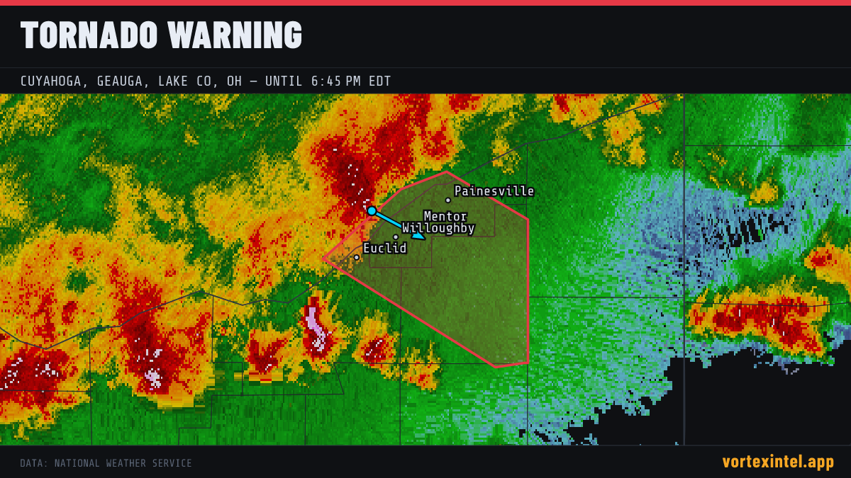 Tornado Warning for Cuyahoga — radar, warned-area polygon and storm motion