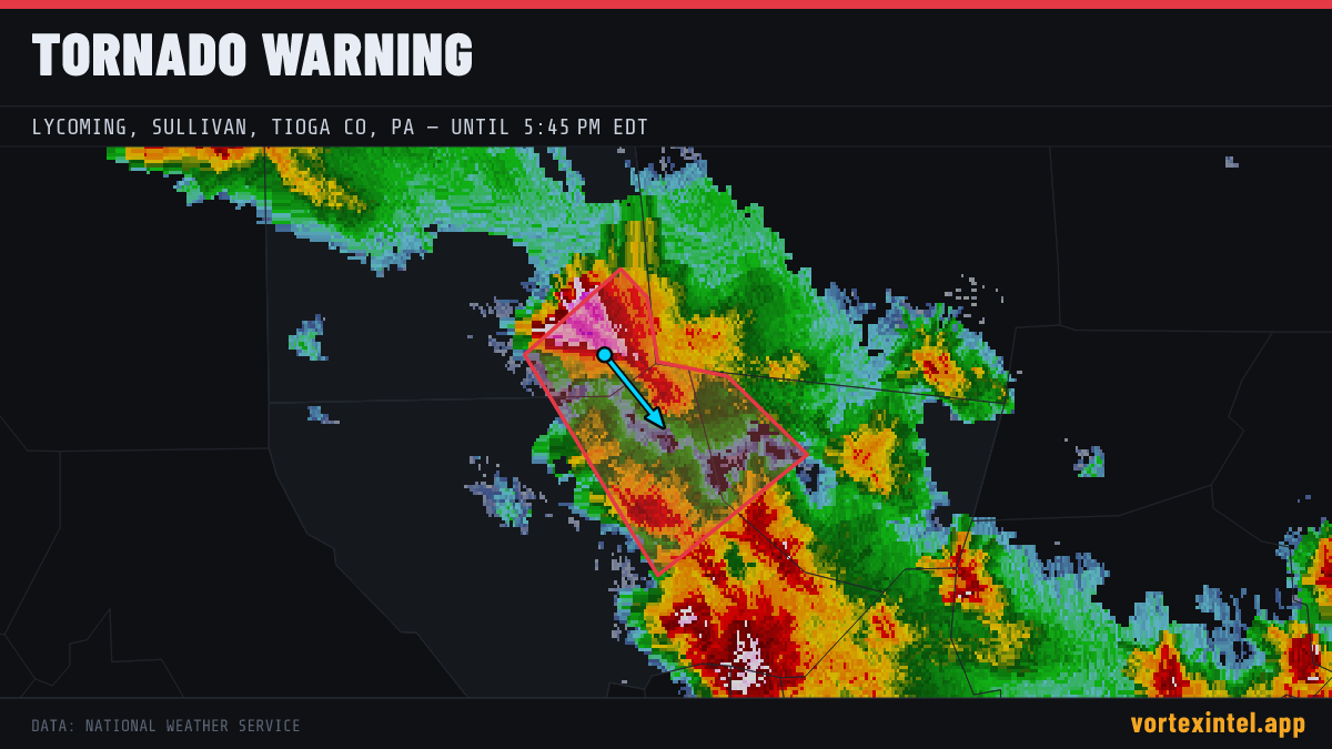 Tornado Warning for Lycoming — radar, warned-area polygon and storm motion