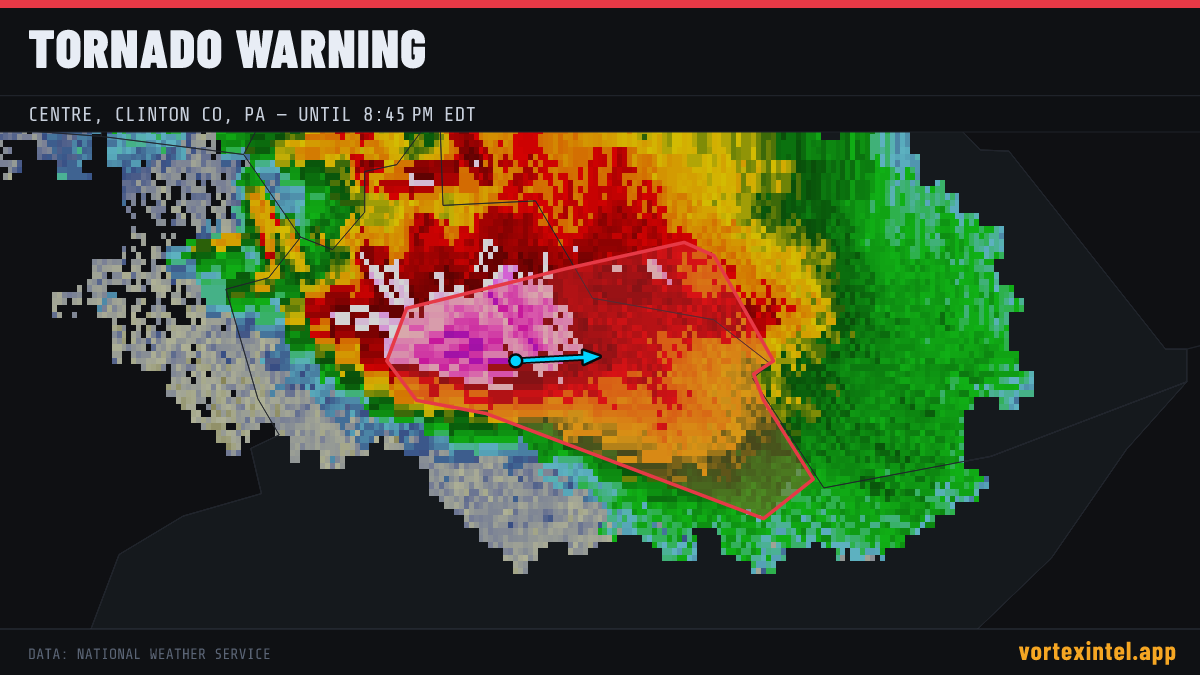 Tornado Warning for Centre — radar, warned-area polygon and storm motion