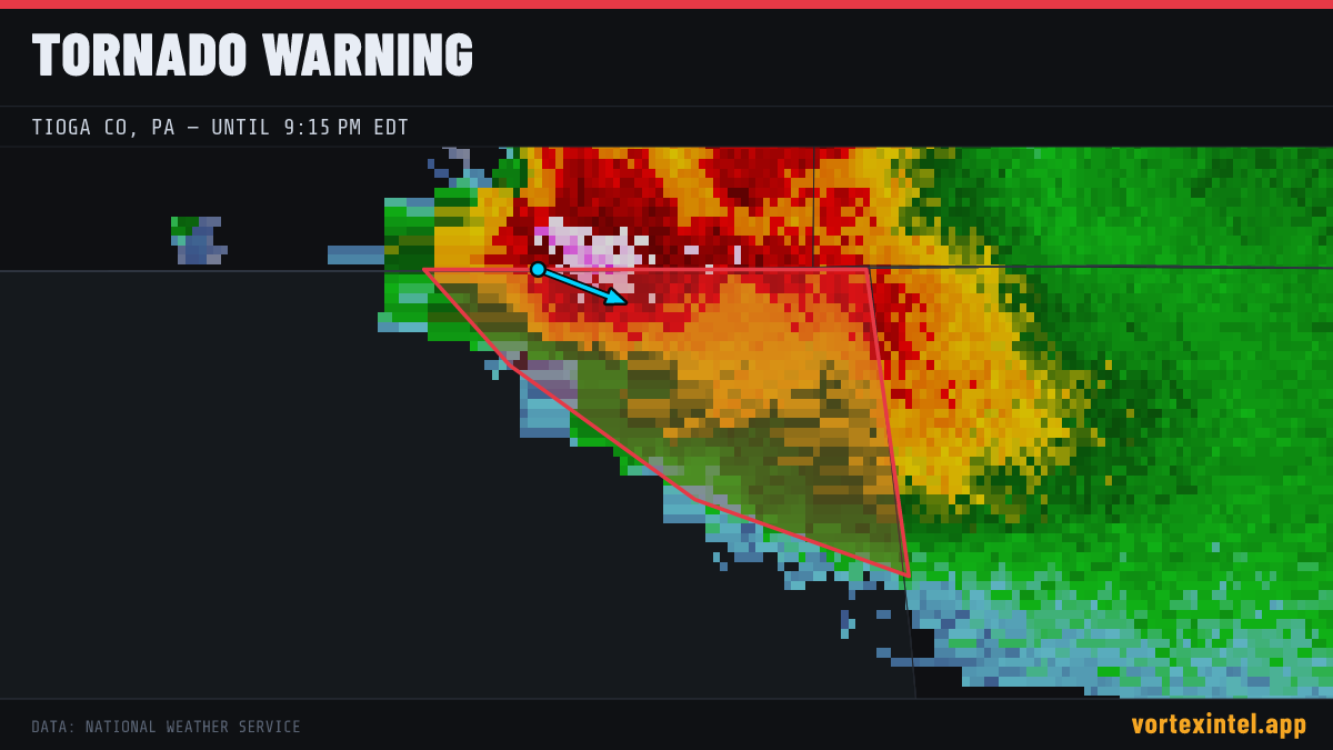 Tornado Warning for Tioga — radar, warned-area polygon and storm motion