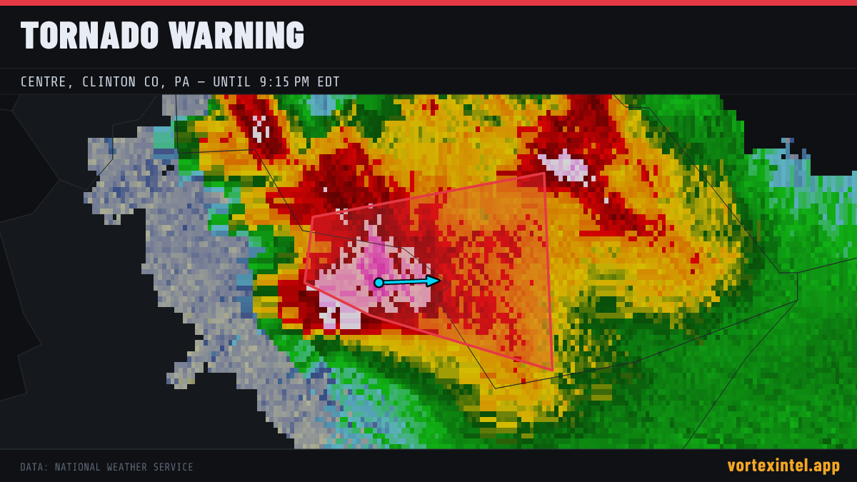 Tornado Warning for Centre — radar, warned-area polygon and storm motion