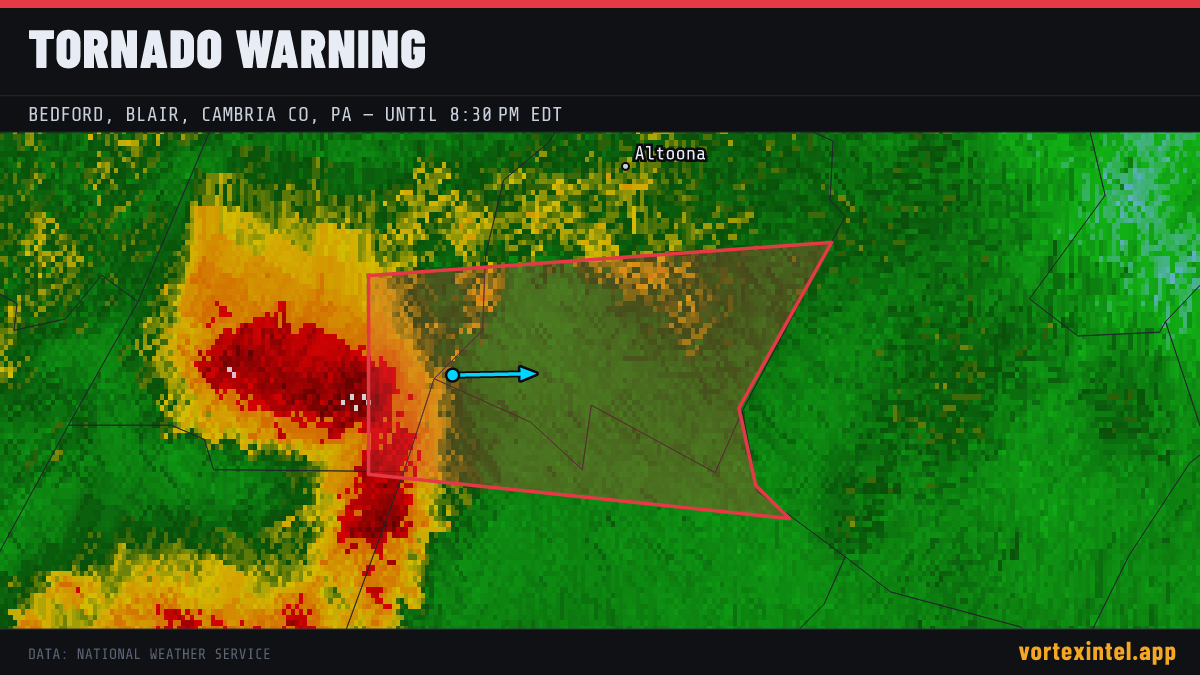 Tornado Warning for Bedford — radar, warned-area polygon and storm motion