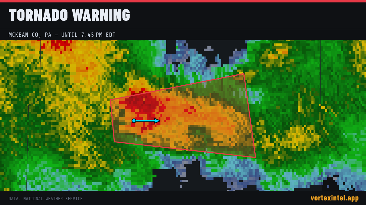 Tornado Warning for McKean — radar, warned-area polygon and storm motion