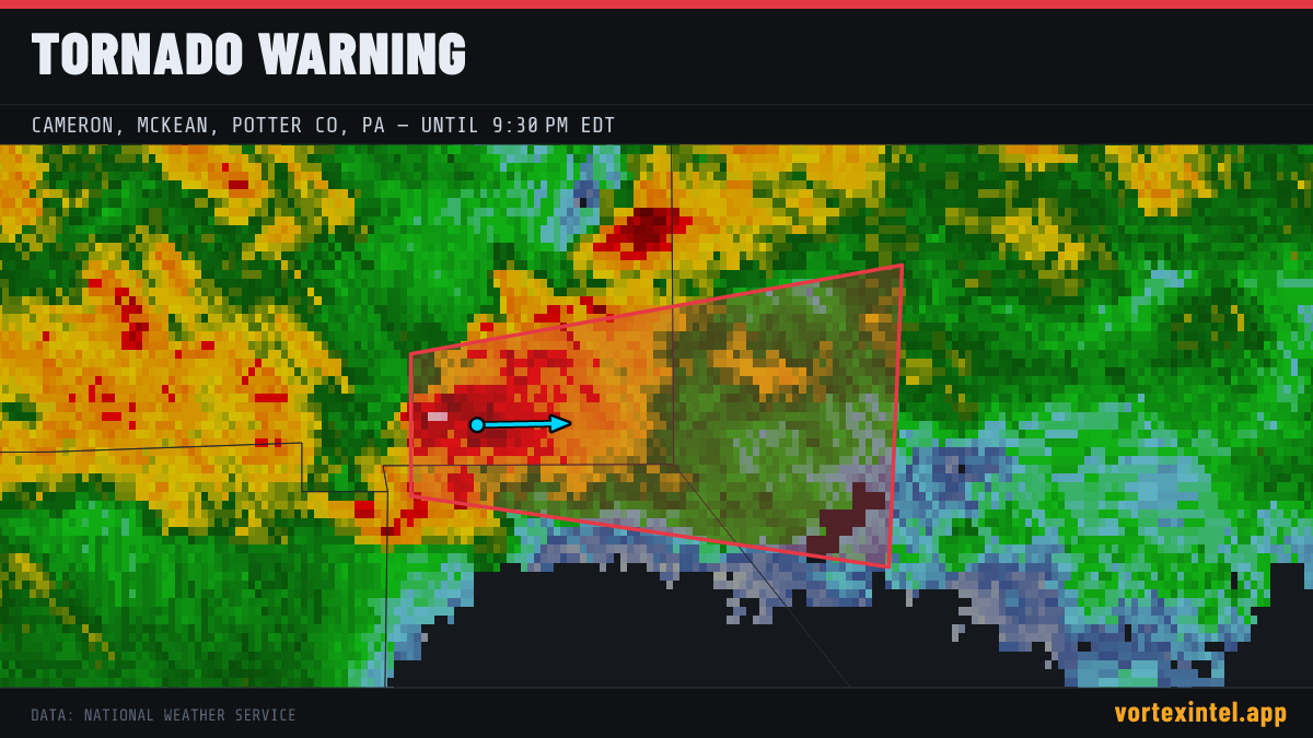 Tornado Warning for Cameron — radar, warned-area polygon and storm motion