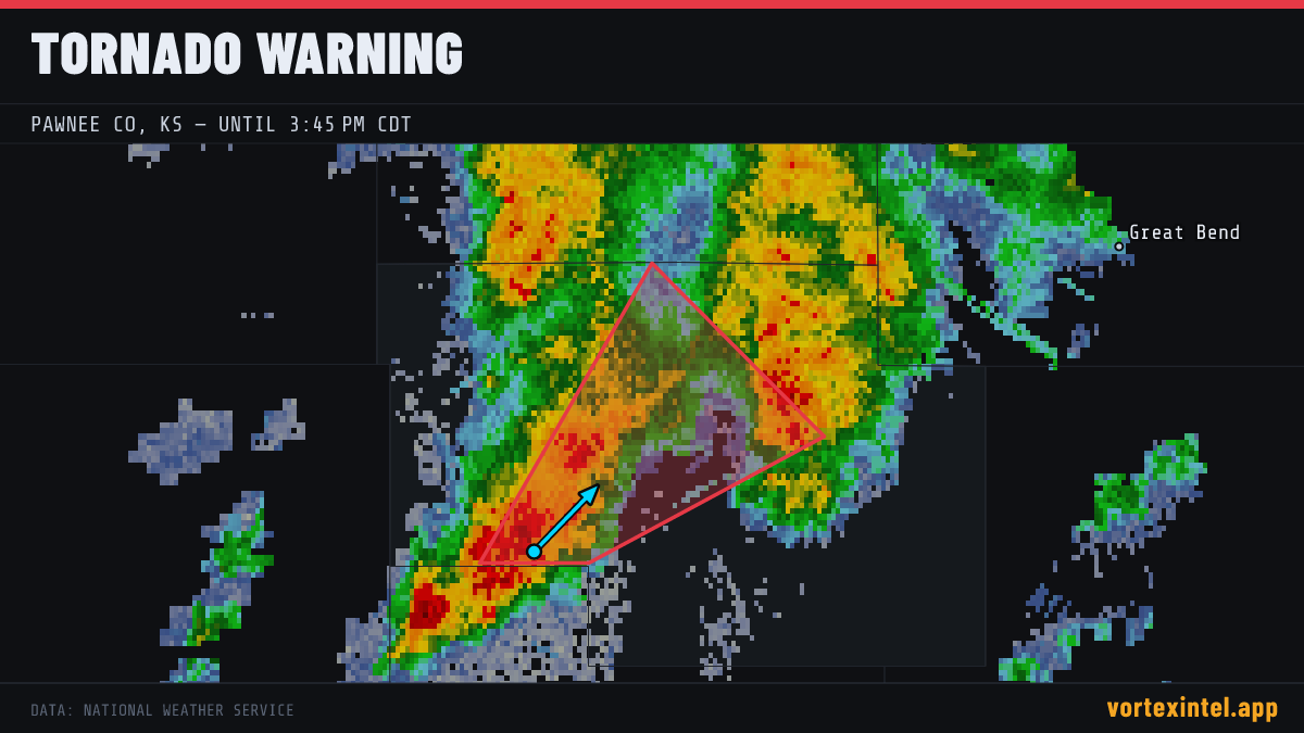 Tornado Warning for Pawnee — radar, warned-area polygon and storm motion