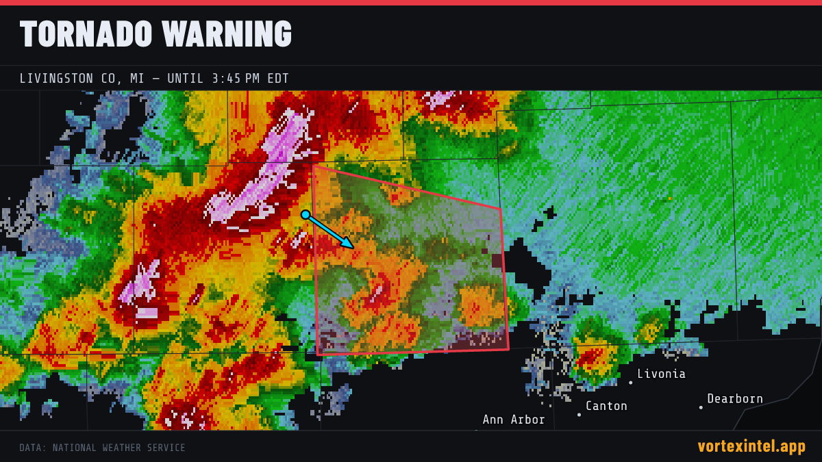 Tornado Warning for Livingston — radar, warned-area polygon and storm motion