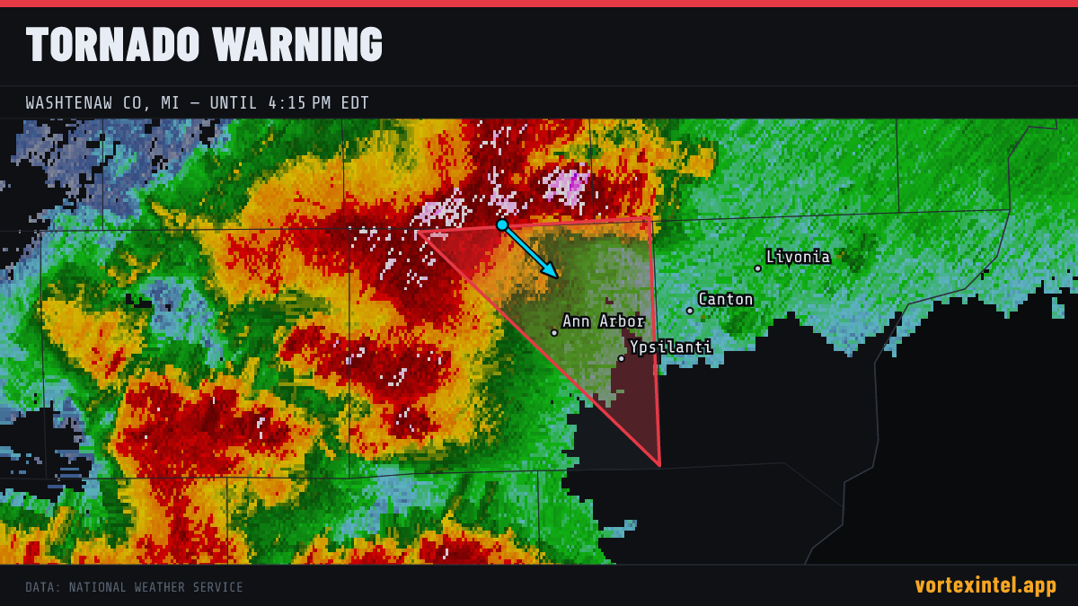 Tornado Warning for Washtenaw — radar, warned-area polygon and storm motion