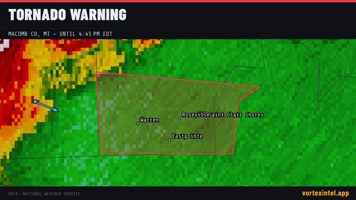 Tornado Warning for Macomb — radar, warned-area polygon and storm motion
