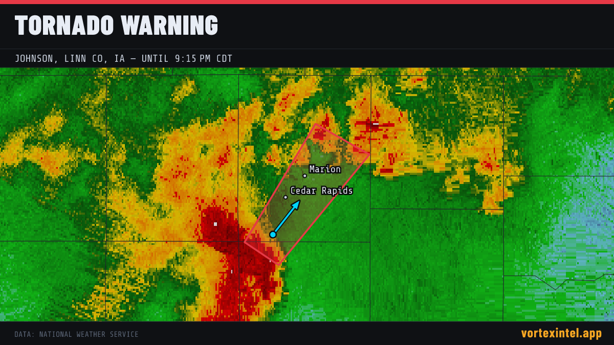 Tornado Warning for Linn — radar, warned-area polygon and storm motion
