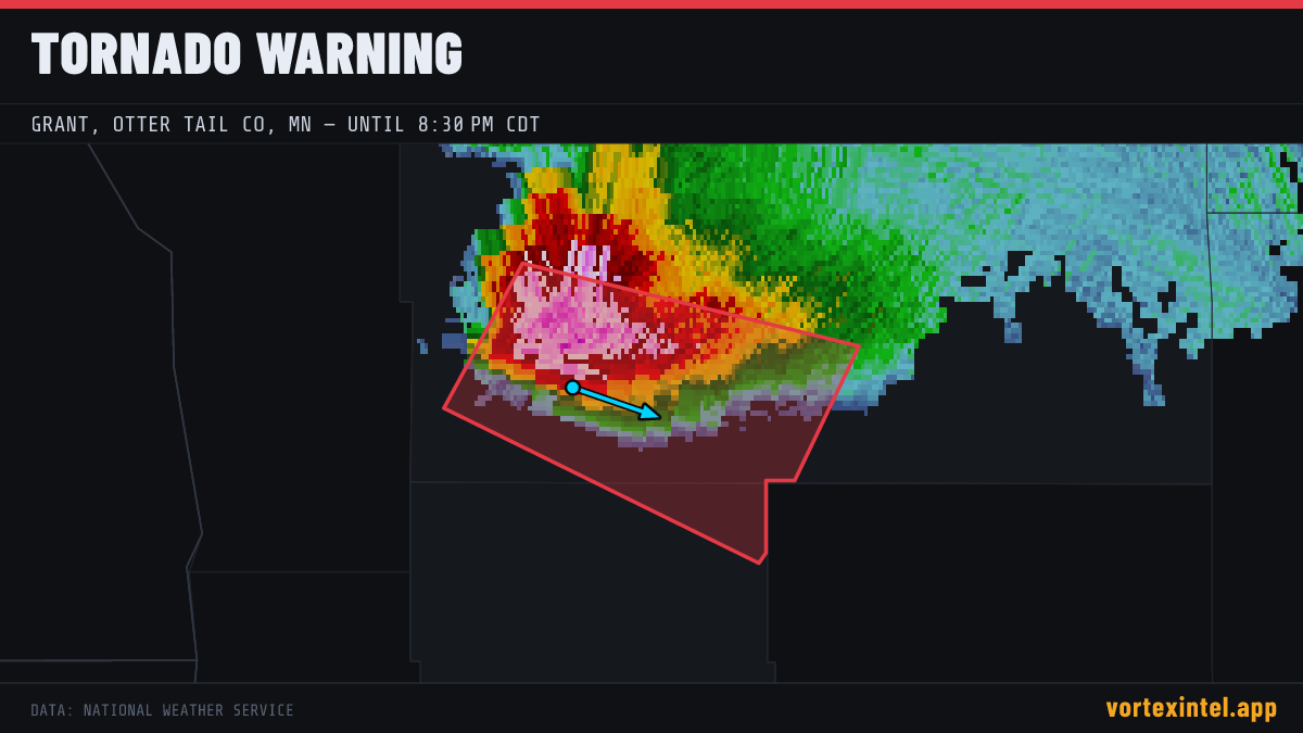 Tornado Warning for Grant — radar, warned-area polygon and storm motion