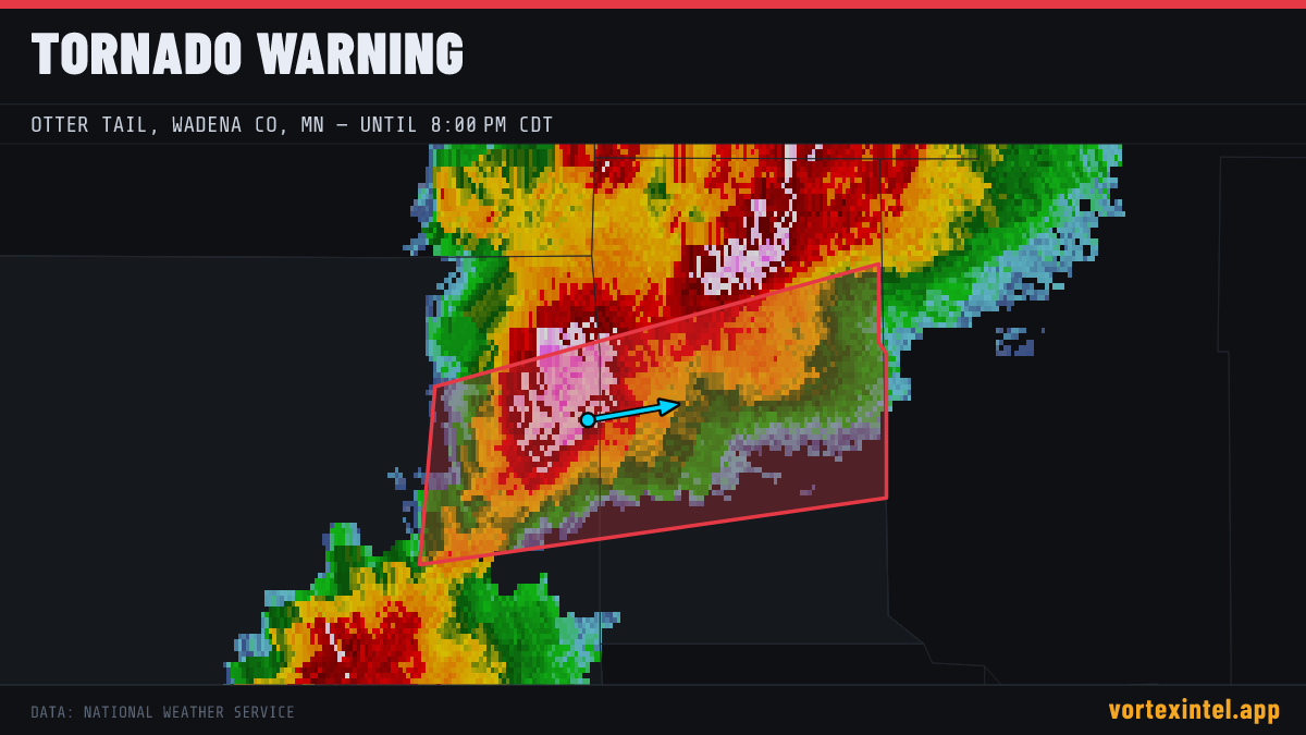 Tornado Warning for Wadena — radar, warned-area polygon and storm motion