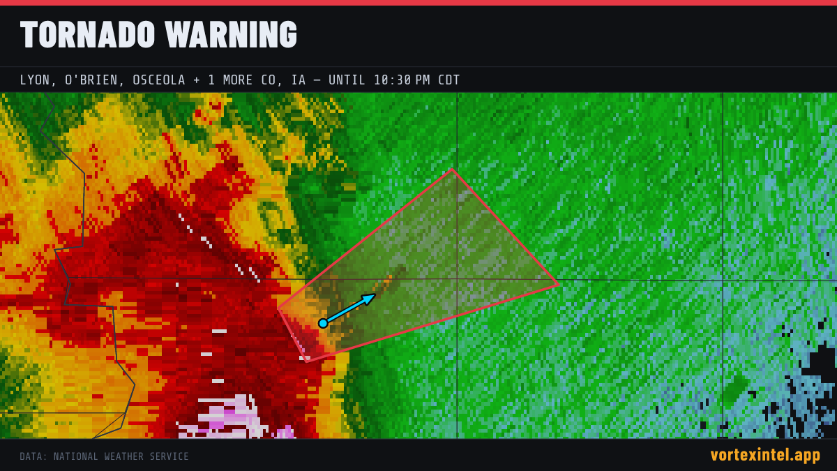 Tornado Warning for Lyon — radar, warned-area polygon and storm motion