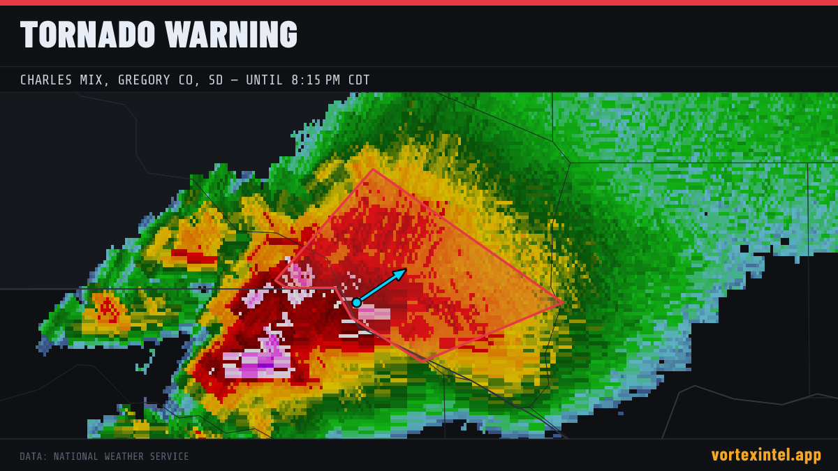 Tornado Warning for Charles Mix — radar, warned-area polygon and storm motion