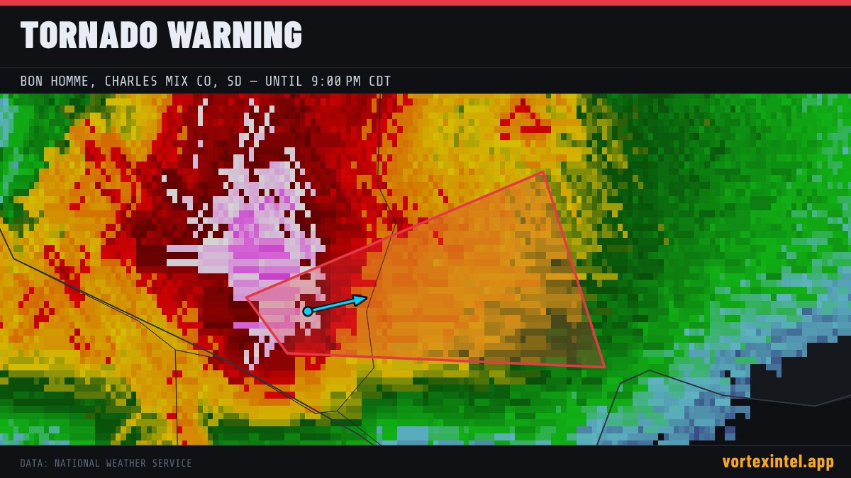 Tornado Warning for Bon Homme — radar, warned-area polygon and storm motion