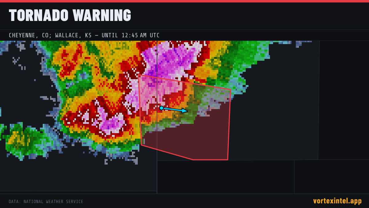 Tornado Warning for Cheyenne — radar, warned-area polygon and storm motion