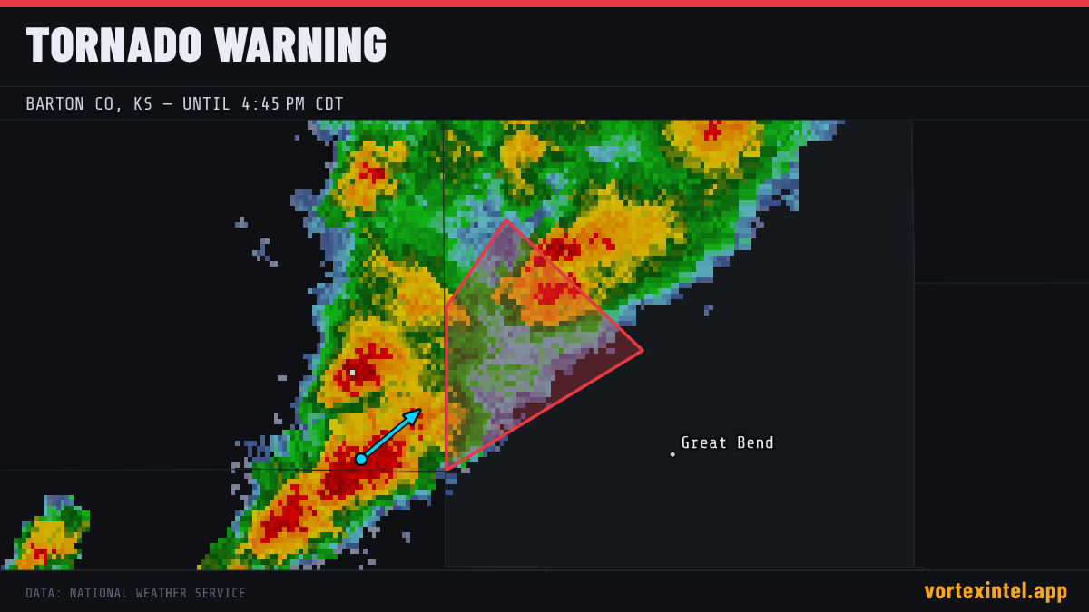 Tornado Warning for Barton — radar, warned-area polygon and storm motion