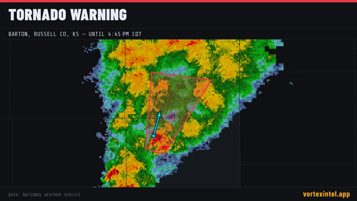 Tornado Warning for Barton — radar, warned-area polygon and storm motion