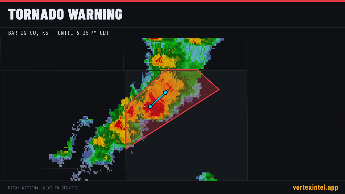 Tornado Warning for Barton — radar, warned-area polygon and storm motion