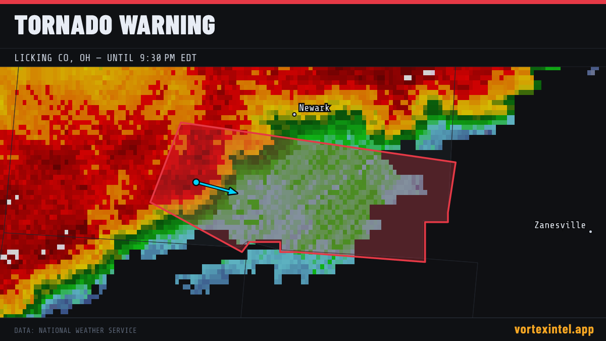 Tornado Warning for Licking — radar, warned-area polygon and storm motion