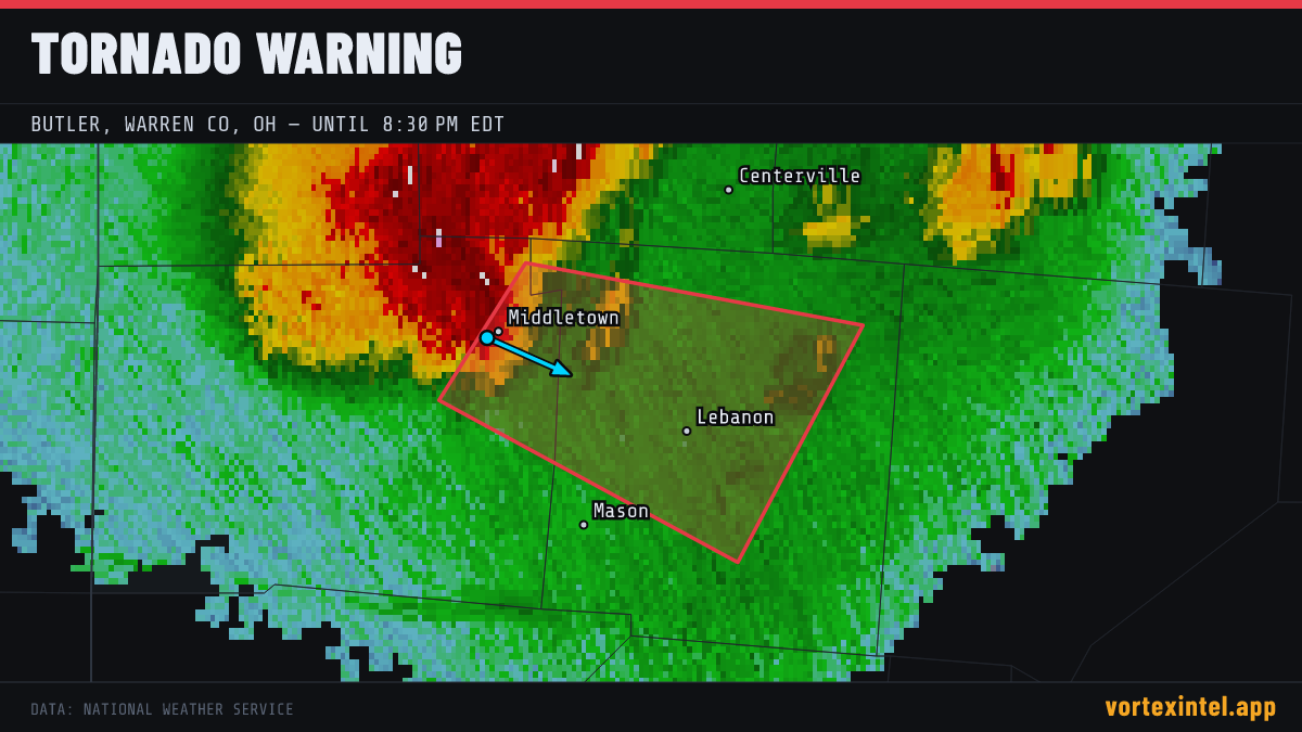 Tornado Warning for Warren — radar, warned-area polygon and storm motion