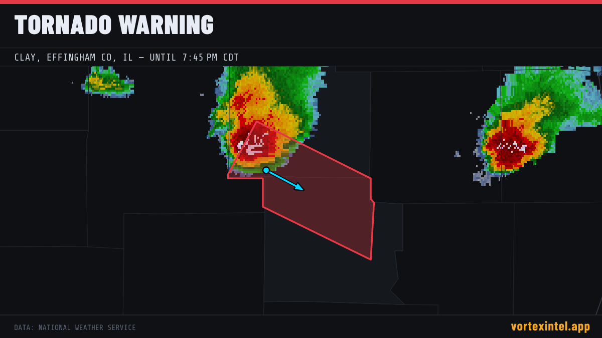 Tornado Warning for Clay — radar, warned-area polygon and storm motion