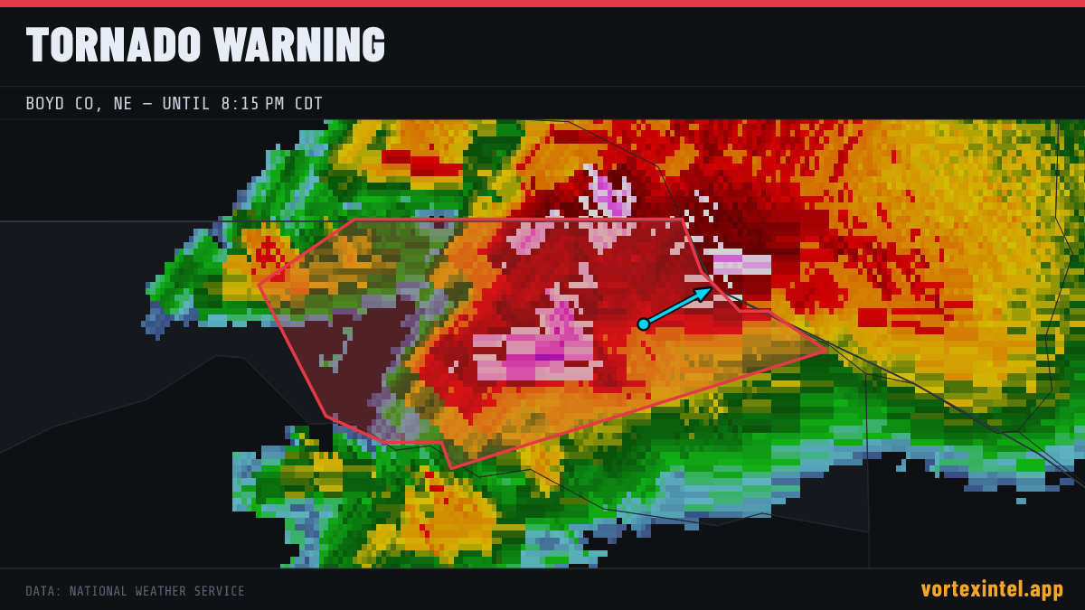 Tornado Warning for Boyd — radar, warned-area polygon and storm motion