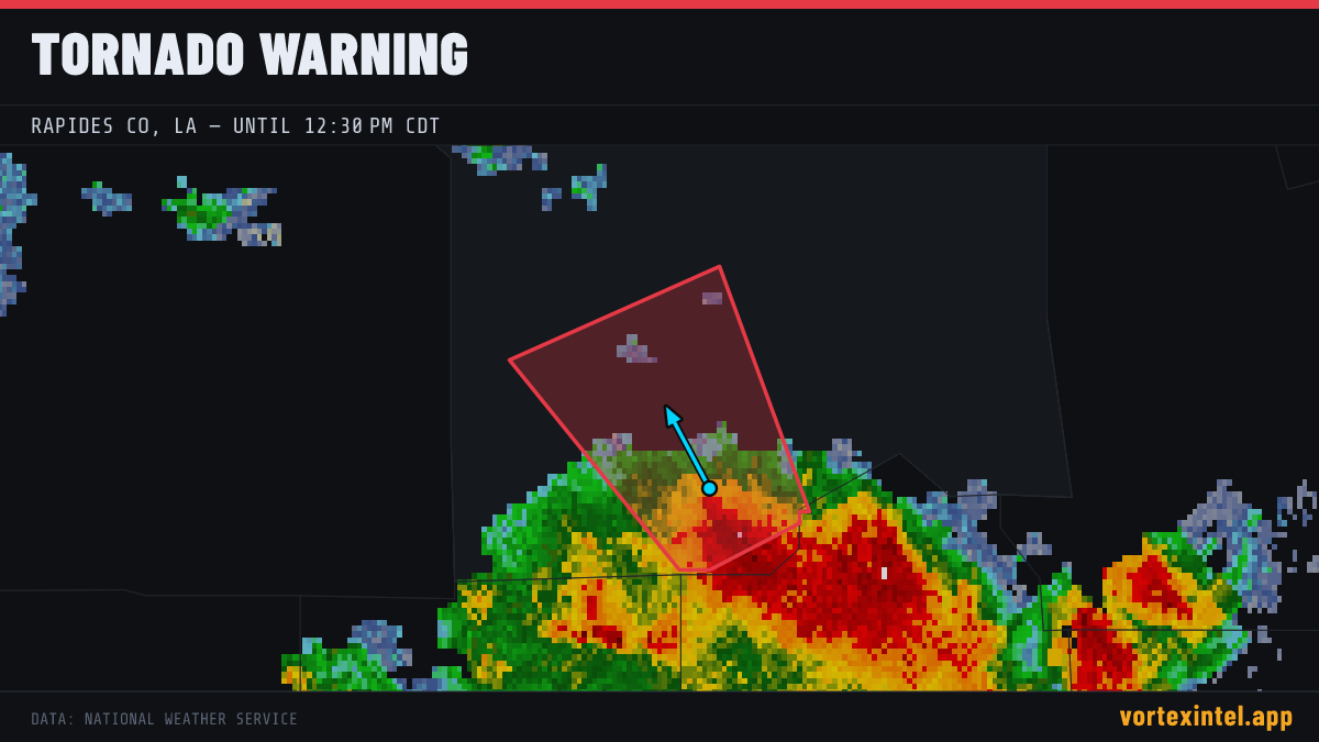 Tornado Warning for Rapides — radar, warned-area polygon and storm motion