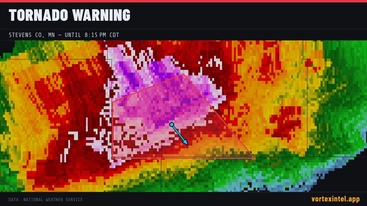 Tornado Warning for Stevens — radar, warned-area polygon and storm motion