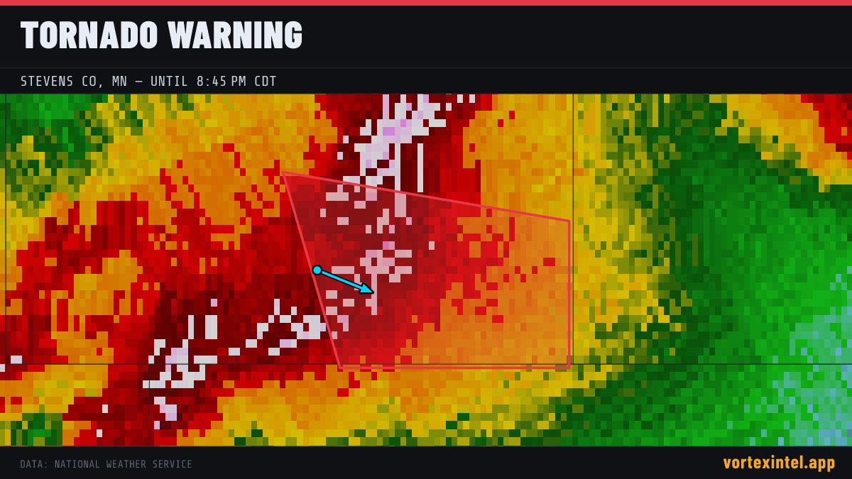 Tornado Warning for Stevens — radar, warned-area polygon and storm motion