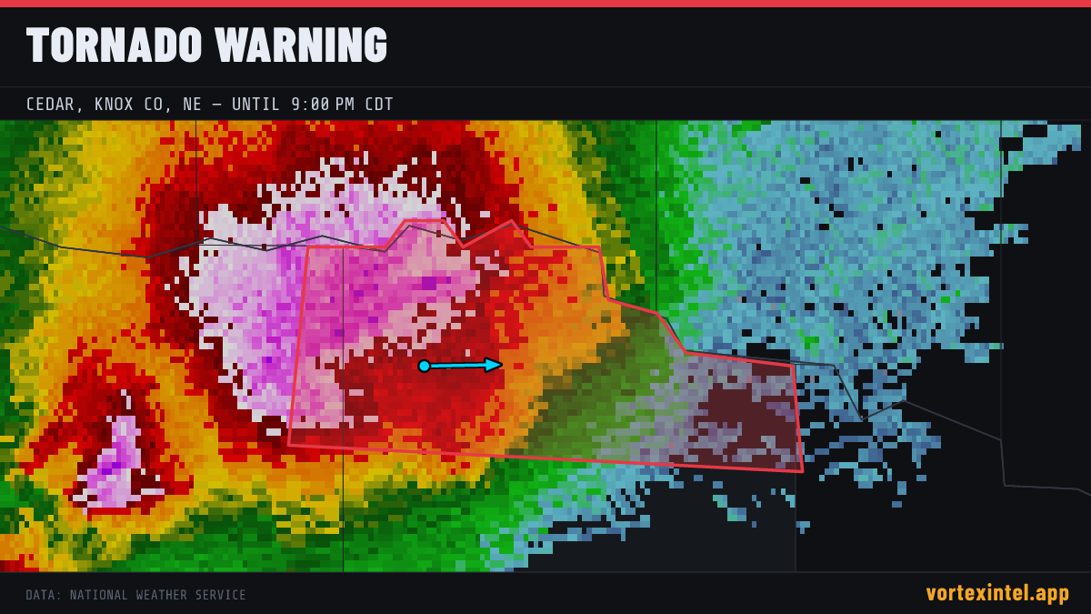 Tornado Warning for Cedar — radar, warned-area polygon and storm motion