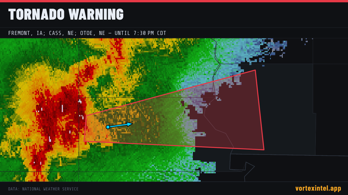 Tornado Warning for Fremont — radar, warned-area polygon and storm motion