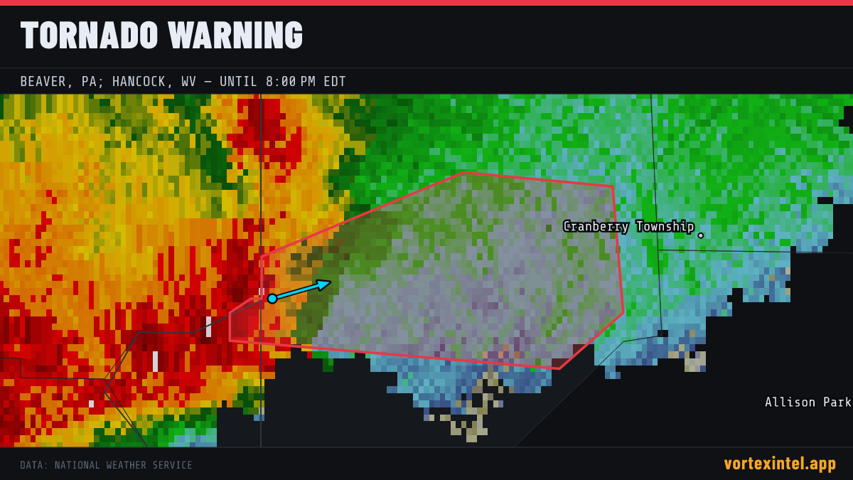Tornado Warning for Beaver — radar, warned-area polygon and storm motion