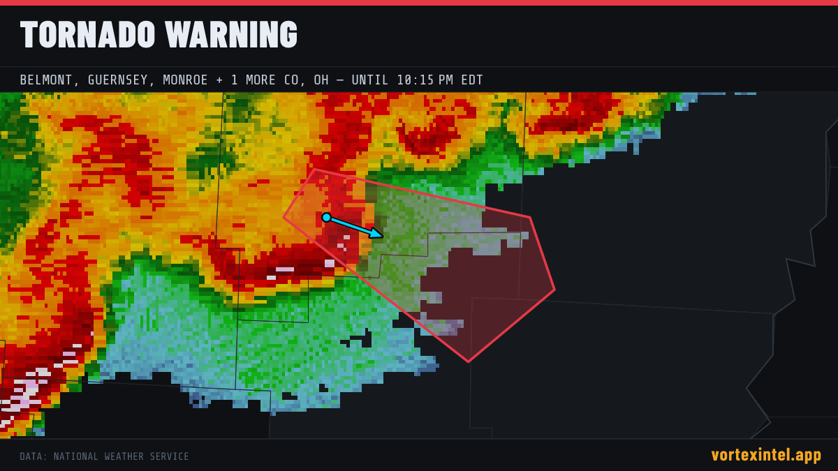 Tornado Warning for Belmont — radar, warned-area polygon and storm motion