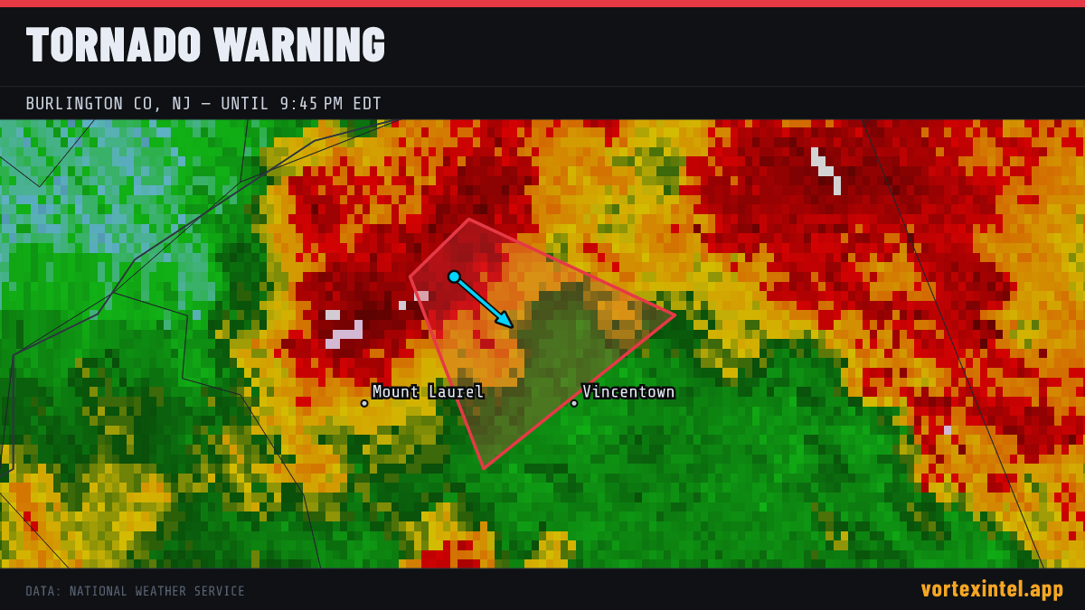 Tornado Warning for Burlington — radar, warned-area polygon and storm motion